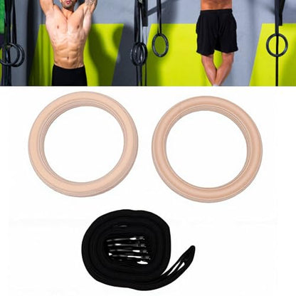 POCREATION Gymnastics Rings Double Circle Wood Rings with Polyester Straps for Comprehensive Home Gym Workouts
