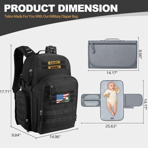 MIRACOL Military Diaper Bag for Dad: Tactical Design with Changing Pad & Daddy Patches - Pride Solution for Veteran Fathers in Baby Outings - color: Black W/ Changing Mat