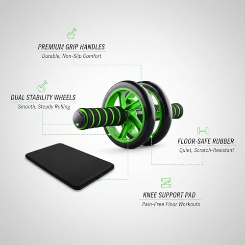 Green Ab Wheel Roller with Knee Pad, Dual Exercise Wheel for Core Strength Training, Non-Slip Rubber Wheels for Home Gym Workouts