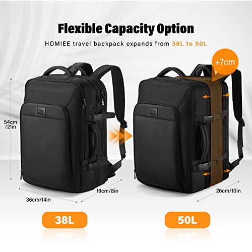 HOMIEE 50L Travel Backpack Carry On Luggage 22x14x9 Airline Approved, Extra Large Expandable Laptop Backpack - color: Black