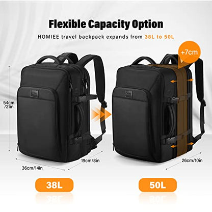 HOMIEE 50L Travel Backpack Carry On Luggage 22x14x9 Airline Approved, Extra Large Expandable Laptop Backpack - color: Black