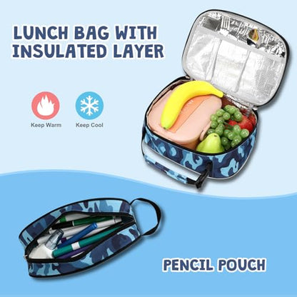 ACESAK Camo Backpack for Boys, Tactical Kids Backpack Boys, School Bags for Boy Children Teens Kids Elementary Middle High School, Military Bookbag and Lunch Bag Pencil Case Set with USB Charging Port - color: Camo Blue
