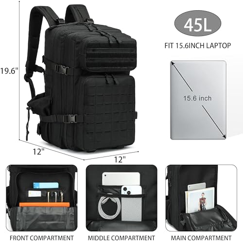 Military Tactical Backpack 45L/25L 3 Day Assault Pack Molle Daypack Hiking Backpack for Men and Women - color: Black-2, size: 45L