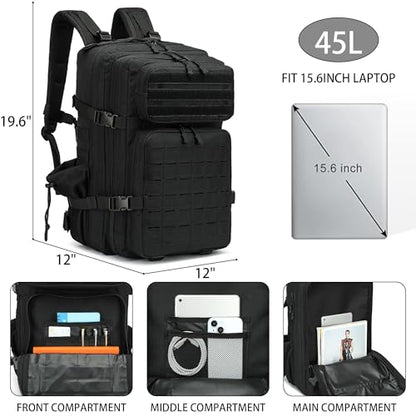 Military Tactical Backpack 45L/25L 3 Day Assault Pack Molle Daypack Hiking Backpack for Men and Women - color: Black-2, size: 45L