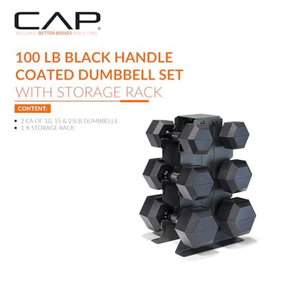 CAP Dumbbell Set with Rack, Rubber Coated Hex Free Weight Set | 100–300 lb Options, Vertical Space-Saving Storage for Home Gym Strength Training - size: 100 lb Set - Black Rack, style: Black Handle