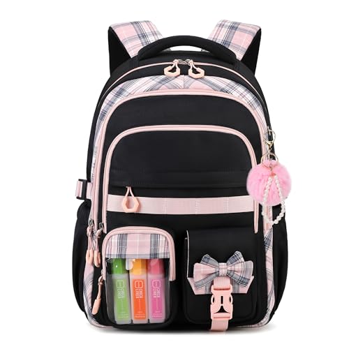 Girls Backpack, 17-Inch Bookbag for Middle & Elementary School, Kawaii Kids Backpack for Girls Ages 6-12(Black Pink) - color: Black Pink