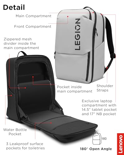 Lenovo Legion Gaming Laptop Backpack GB800, 21L Capacity, Fits 17-inch Laptops, Water Resistant, Three Main Compartments & 19 Specialiized Pockets, Light Grey - style: Gb800 Light Gray