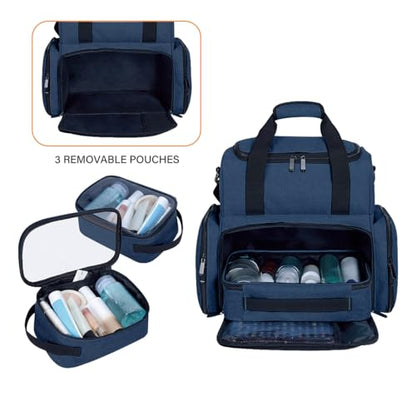 Large Makeup Cosmetic Bag with 3 Removable Case and 2 Removable Dividers Double Layer Travel Storage Organizer, Makeup Brushes Storage Section Blue - color: Blue