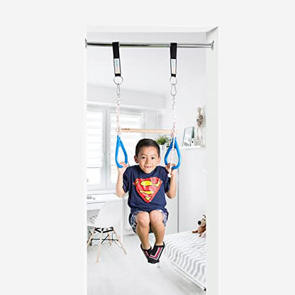 DreamGYM Doorway Swing Kit fr Kids - Doorway Gym with Trapeze Bar Combo, Gymnastic Rings, Rope Ladder & Classic Belt Swing