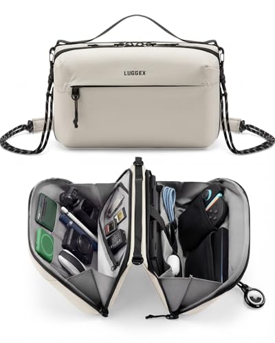 LUGGEX Large Travel Tech Pouch, Cable Organizer Bag with Removable Crossbody Strap, Dual Accessories Bag & Water Resistant for Kindle, Chargers, Cord, Earphone for Travel Office, Beige CBX01 - color: Beige