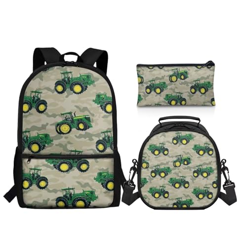 Tractor Backpack for Boys 3 Pieces School Backpacks with Lunch Box & Pencil Pouch for Preschool Elementary Bookbag Set - color: Tractor
