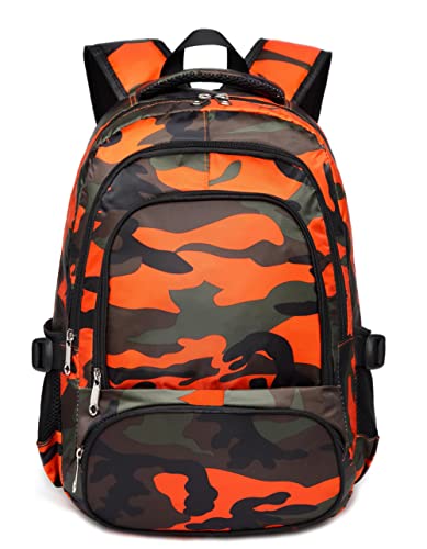 BLUEFAIRY Kids Backpacks for Boys 17 Inch Elementary Primary Middle School Bookbags with Laptop Compartment Back to School Bags for Childs Age 6-8 Mochilas Escolares para Niños Niñas Camo Orange - color: Black/Orange