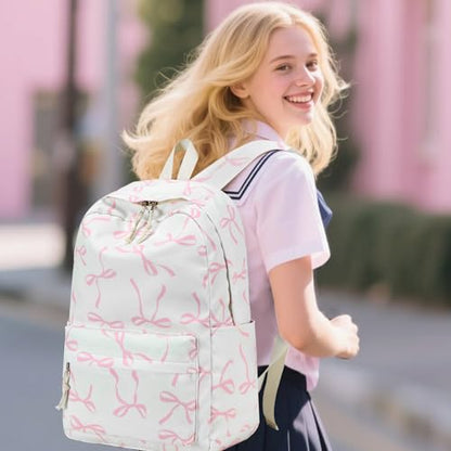 Bluboon School Backpack for Teen Girls Women Laptop Backpack College Bookbags Middle School Travel Work Commuter Back Pack - color: Pink Bow With Beige Base
