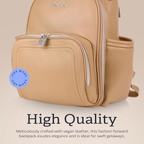 Itzy Ritzy Mini Diaper Bag Backpack – Chic, Compact Mini Plus Backpack with Changing Pad, 10 Pockets (6 Internal, 4 External), Grab-Top Handle & Rubber Feet (Chai) - color: Chai - Plus