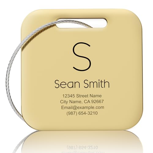 Personalized Engraved Gold Metal Luggage Tags for Suitcase - Custom Name Tags for Bags and Backpacks (10 Pack) - color: Gold, size: Square (2x2")