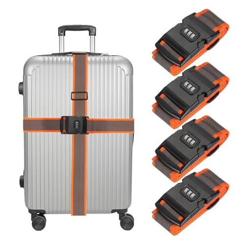 MECCANIXITY Luggage Straps with Combination Lock Adjustable Suitcase Belt Strap for Suitcase Briefcase Backpack Travel, Gray-Orange, Pack of 4 - color: Gray-Orange