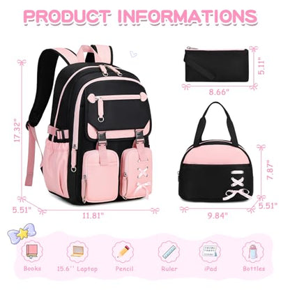 MOONBABY Girls Backpack with Lunch Box & Pencil Case for Kids Teens Bookbag for Elementary Primary Middle High School Daypack - color: Pink-3pcs