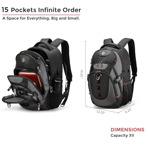 Swissdigital Design Laptop Backpack with USB Charging Port, Travel Backpack Fits 15.6 inches Computer, 31L College School Backpack for Men, Black/Grey | SD803-02 - color: Black/Grey