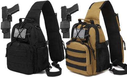 Small Tactical Holster Sling Backpack Accessories Shoulder Pouch Water Bottle & Radio Holder Crossbody Bag for Men - color: Black Tan 2 Packs