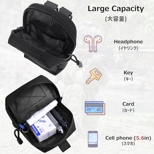 Azarxis Molle Pouches, Tactical Compact EDC Small Utility Pouch Waist Bags Sundries Storage Admin Organize Gear Gadget for Military Backpack - color: #02 Black - 5.91"x4.33" + 8.28"x4.33" - 2 Pack