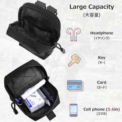 Azarxis Molle Pouches, Tactical Compact EDC Small Utility Pouch Waist Bags Sundries Storage Admin Organize Gear Gadget for Military Backpack - color: #02 Black - 5.91"x4.33" + 8.28"x4.33" - 2 Pack