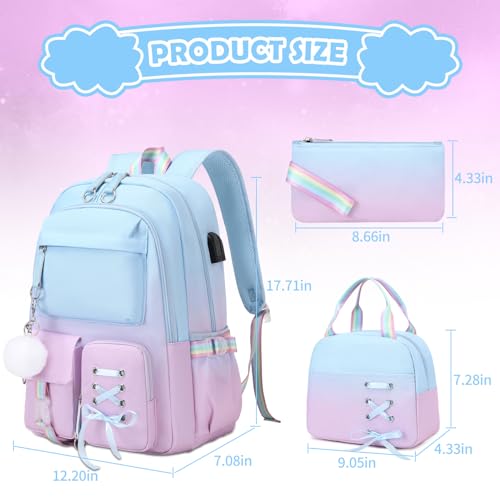 ACESAK Backpacks for Girls, Girls Backpack with Lunch Box and Pencil Case for Teen Kids Elementary Middle High School College Student, Children Backpack Bookbag with USB Charging Port (Blue-purple) - color: Blue-to-purple Gradient