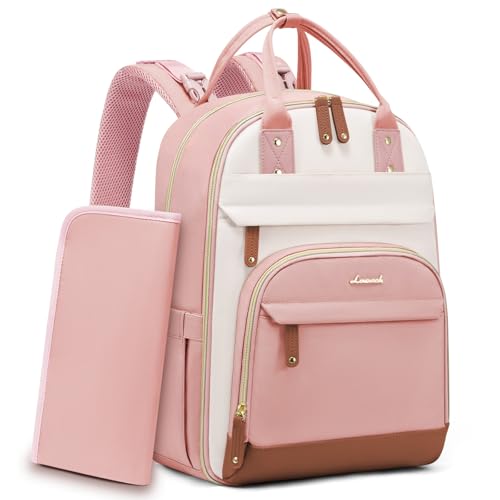 LOVEVOOK Diaper Bag Backpack, Baby Bag with Changing Pad, Large Diaper Backpack Boy Girl, Waterproof Baby Registry Bag for Mom Dad with Stroller Buckles, Pink-beige-brown - color: Pink-beige-brown