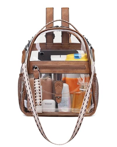 FADEON Clear Small Backpack Purse for Women, Designer Transparent Shoulder Handbag, PVC Mini Clear Bag for Stadium Approved - color: 1-brown Retro Style