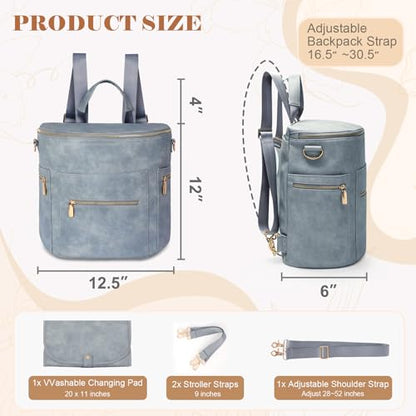 miss fong Diaper Bag Backpack Baby Diaper Bag, Large Leather Diaper Backpack with 16 Pockets Travel Diaper Bag with Diaper Changing Pad, Stroller Straps & 2 Insulated Pockets - color: Blue Fog