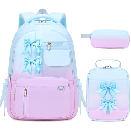 Bevalsa Backpack for Girls, Bow School Backpack for Kids with Lunch Bag & Pen Case, Cute Bookbag for Teens Girls Children for Elementary Middle High College Student, Back To School Gift (Blue Purple) - color: Blue Purple