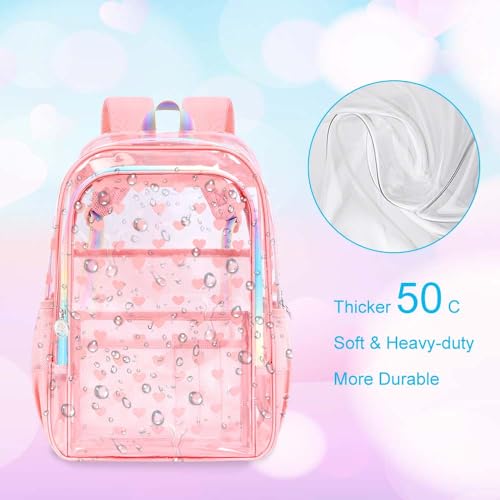 gxtvo 3PCS Transparent Backpack Heavy-Duty Set for Women & Teen Girls, 17" Pink Clear Bookbag with Rainbow Strap, Cute Love See Through School Bag - color: Pink Love Accents Clear Backpack Set