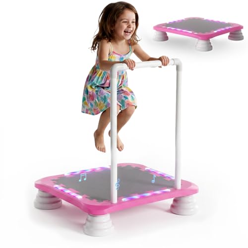 3-in-1 Mini Trampoline for Kids with Music & Lights, Indoor Outdoor Bounce Board, Removable Safety Handle, Sensory Balance Trainer, Non-Slip Base, Ages 3-12, Max 220 lbs - color: Pink