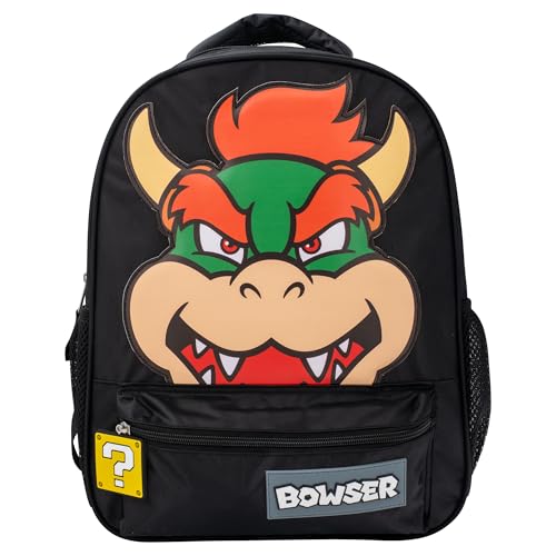 AI ACCESSORY INNOVATIONS Super Mario Bowser Backpack for Boys & Girls, 16 Inch Nylon Twill Big Face Schoolbag, Black - style: Super Mario
