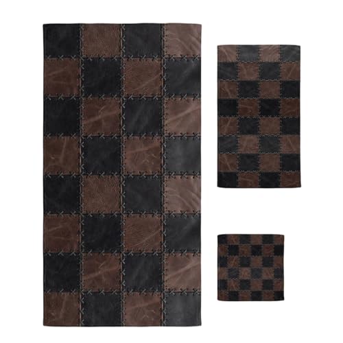 Black Brown Checkered Bath Towels Set of 3 for Bathroom,Soft Absorbent Shower Beach Hand Face Hair Yoga Workout Gym Towel Dish Wahcloth,Modern Farmhouse Plaid Wooden Quick Dry Bath Towels+Set - color: Brown, Bronze, Black