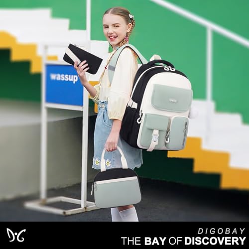 DIGOBAY Backpacks for Girls, 3PCS School Backpack with Lunch Box Pencil Pouch for Teen Girls Kids Elementary Primary Middle High College Travel School bag Bookbag Set （Black Green） - color: Black Green