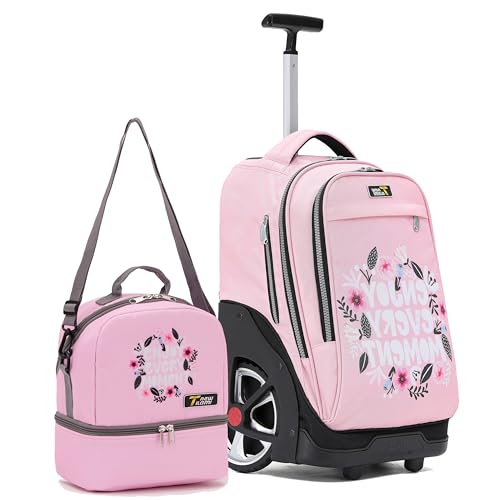 NEW TILAMI Rolling Backpack 19 inch with Lunch Bag Teens Cute Wheeled Computer Laptop Backpack Bookbag Roller Travel Bag College, Flower Pink - color: Flower Pink