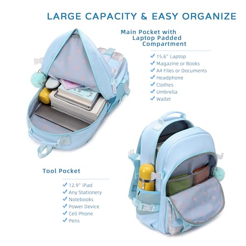 Backpack for Girls, 15.6 Inch Laptop School Bag Kids Kindergarten Elementary College Backpacks Large Bookbags for Teen Girl Women Students Casual Travel Daypacks (Blue) - color: Blue