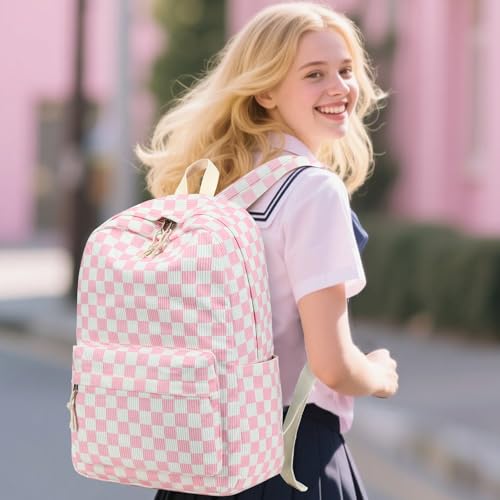 Bluboon School Backpack Set Girls Womens Laptop Bookbag Casual Daypack Fits 15 inch Laptop with Lunch Tote Bag and Pencil Bag - color: Pink Checked-3