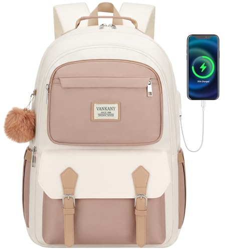 School Backpack for Teen Girls, Aesthetic Schoolbag for Middle School High School, Cute Laptop Bookbag for College Women Students Mochilas Niñas, Khaki Beige