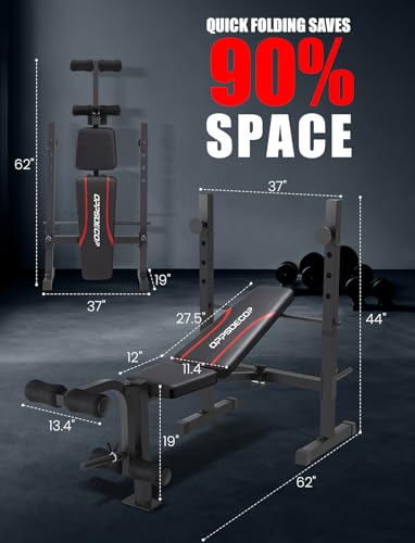 OPPSDECOR Adjustable Weight Bench Set with Squat Rack, 3 Sec Folding Workout Bench for Full Body Exercise, 600LBS All-in-One Bench Press with Leg Curl & Leg Extension, Incline Decline Flat Home Gym Bench for Teens Adults