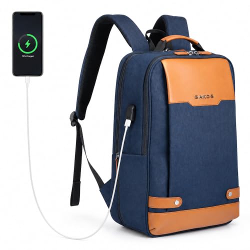 SAKOS Matura 15.6 inch Laptop Backpack with USB Charging Port, Professional Luggage Backpack Carry on Flight - TSA Approved, Water Resistant Backpack for Men & Women with Laptop Compartment - Blue - color: 1. Matura - Blue/Brown