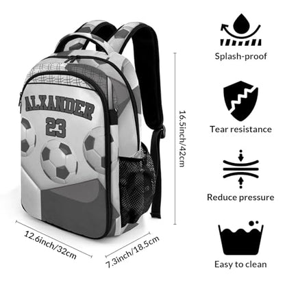 Personalized Casual Backpack Sport Ball Athlete Player Soccer Grey College School Laptop Travel Daypack for Boys Girs 16.5 Inch - color: Grey