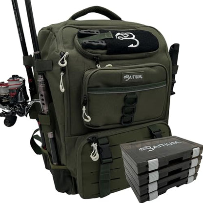 Baitium Fishing Backpack, Tackle Bag With Rod Holders, 40L Capacity With Cooler, Rain Cover, Insulated Pocket, 4 Tackle Trays Included- (Green) - color: Green