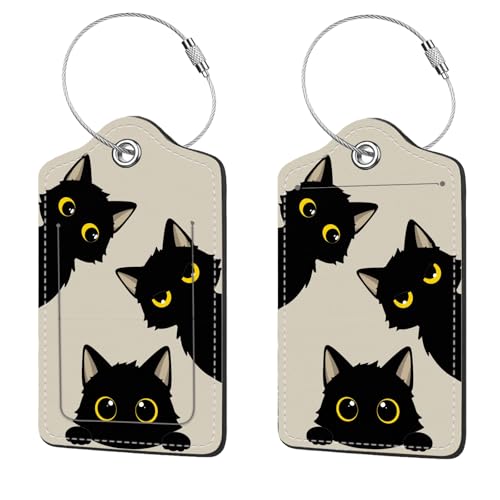 2 Pcs Luggage Tags for Suitcase, Cute Unique PU Leather Travel Bag Tag with Privacy Cover ID Label Address Card and Durable Metal Ring Suitable for Men Women Children Backpack,Three Black Cats - color: Three Black Cats