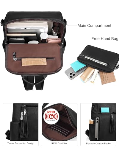 FADEON Leather Backpack Purse for Women Designer Travel Backpack Purses PU Fashion Ladies Shoulder Bag with Tassel - color: 2 Black Retro Style