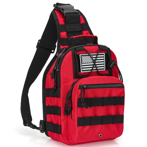 First Aid Sling Backpack - EMS Equipment Emergency Medical Supplies Tactical Range Shoulder Molle Bag - Heavy Duty Sports Outdoor Rescue Pack - Perfect for Camping Hiking Trekking - Red - color: Red