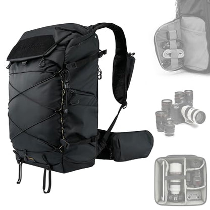 LEOFOTO 35L Camera Backpack for Photographer, Lightweight Waterproof Travel Camera Bag for Camera/Drone/15.6" Laptop, Photopraphy Bag with Side Access & Rain Cover, Tripod Compatible, 2.65KG - BLACK - color: 35l-bag+medium Insert-black