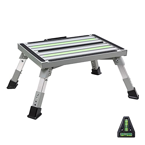 Homeon Wheels Iron RV Steps Adjustable Folding Step Stool with Non-Slip Rubber Feet, Stable Platform, Safety Strips, Handle, Easy Carry, Outdoor Camper Trailer Travel - Gray - color: Gray Luminous