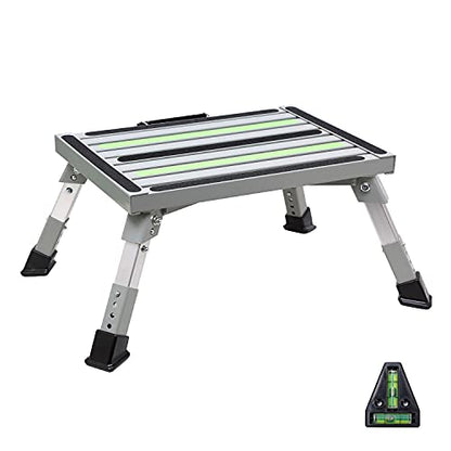 Homeon Wheels Iron RV Steps Adjustable Folding Step Stool with Non-Slip Rubber Feet, Stable Platform, Safety Strips, Handle, Easy Carry, Outdoor Camper Trailer Travel - Gray - color: Gray Luminous