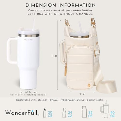 WanderFull HydroBag Handle®, Vegan Leather Hands-Free Crossbody 40 Oz Water Bottle Carrier w/Strap Bundle - color: Ivory